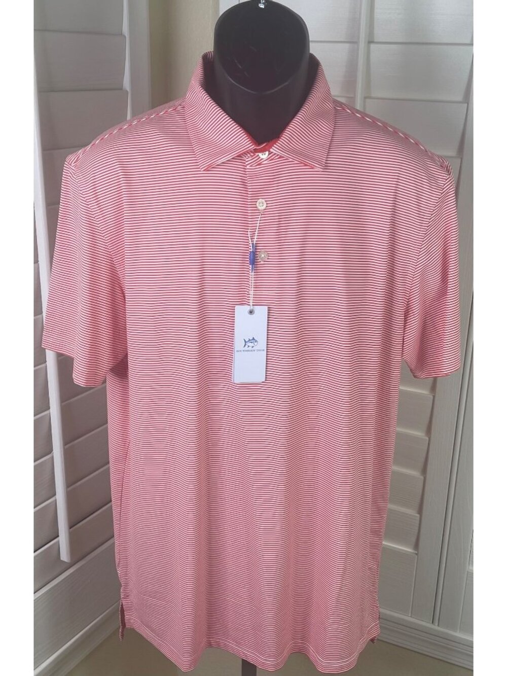 Southern Tide Striped Poppy Red Wicking Golf Polo Shirt - Men’s Large - NWT $108